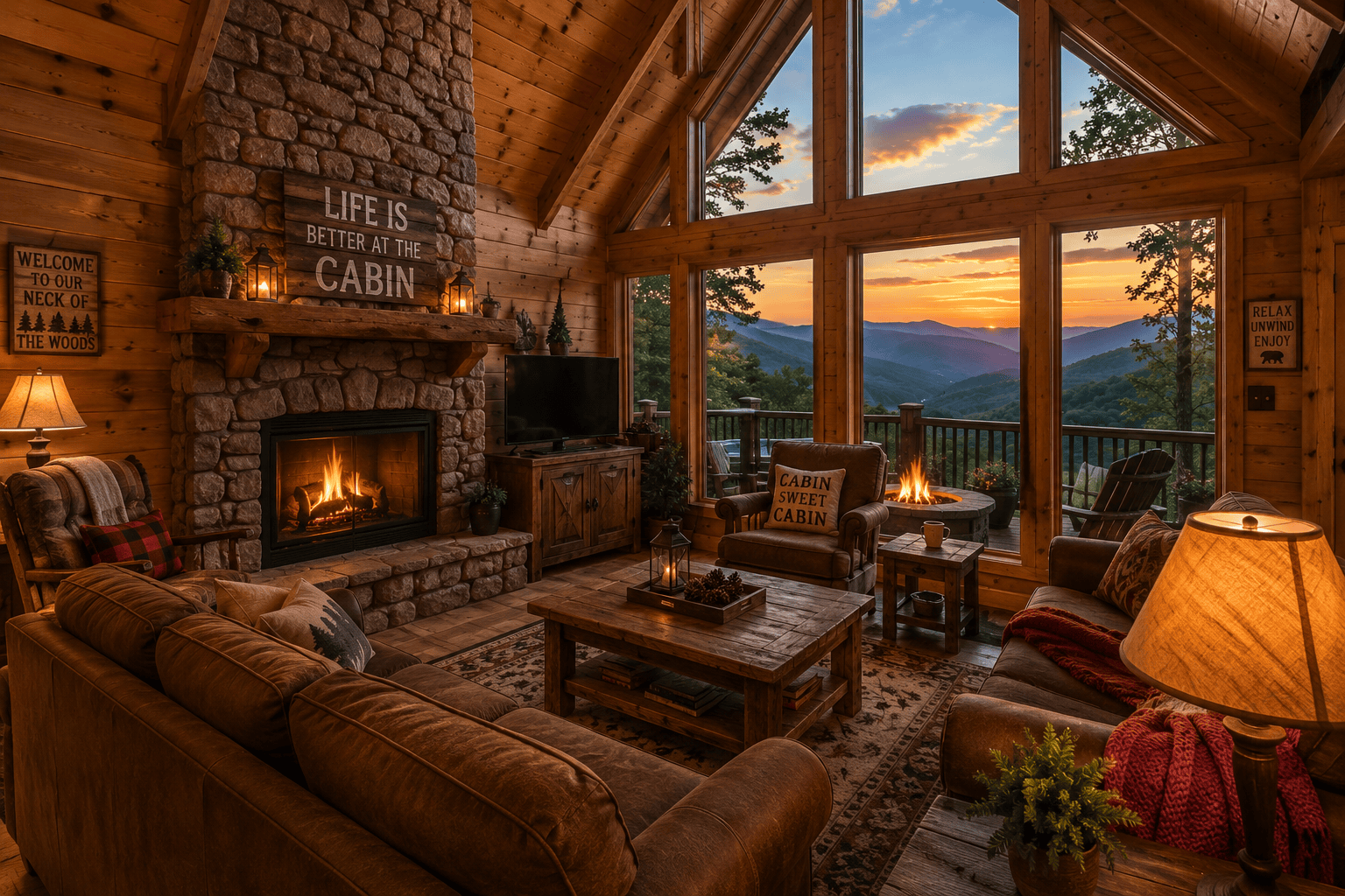 North Georgia cabin interior with mountain view stone fireplace and vaulted wood ceiling