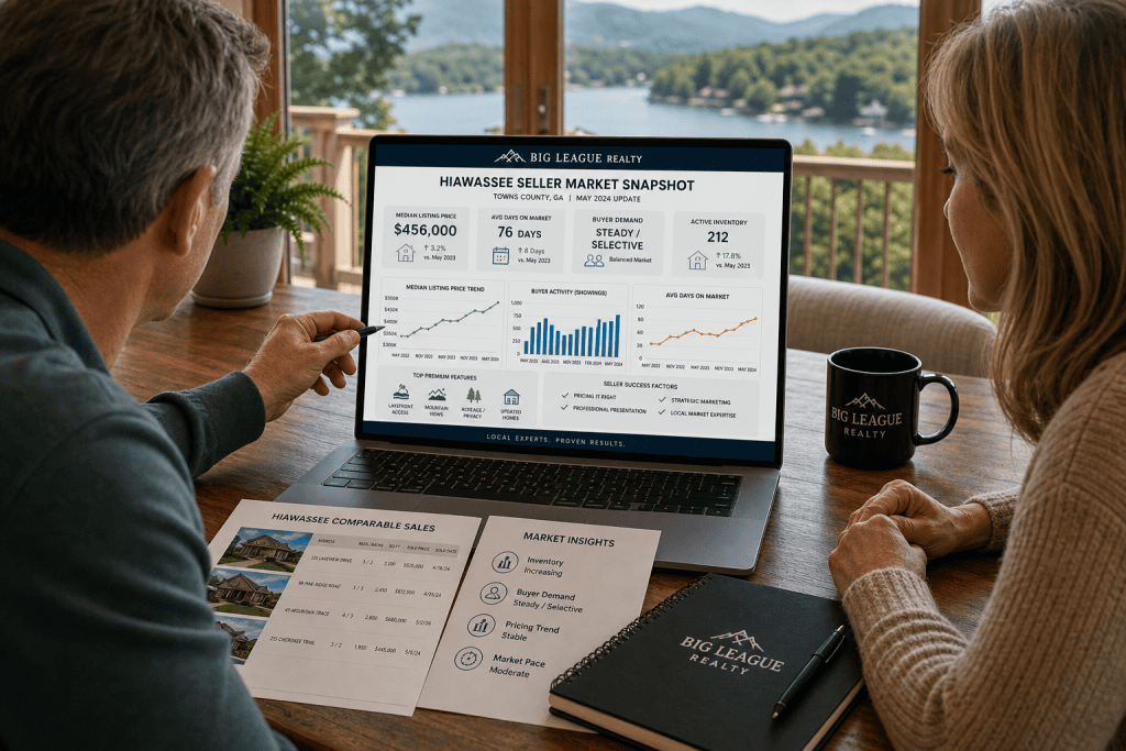 Big League Realty listing consultation with Hiawassee GA homeowners reviewing house value strategy and market pricing