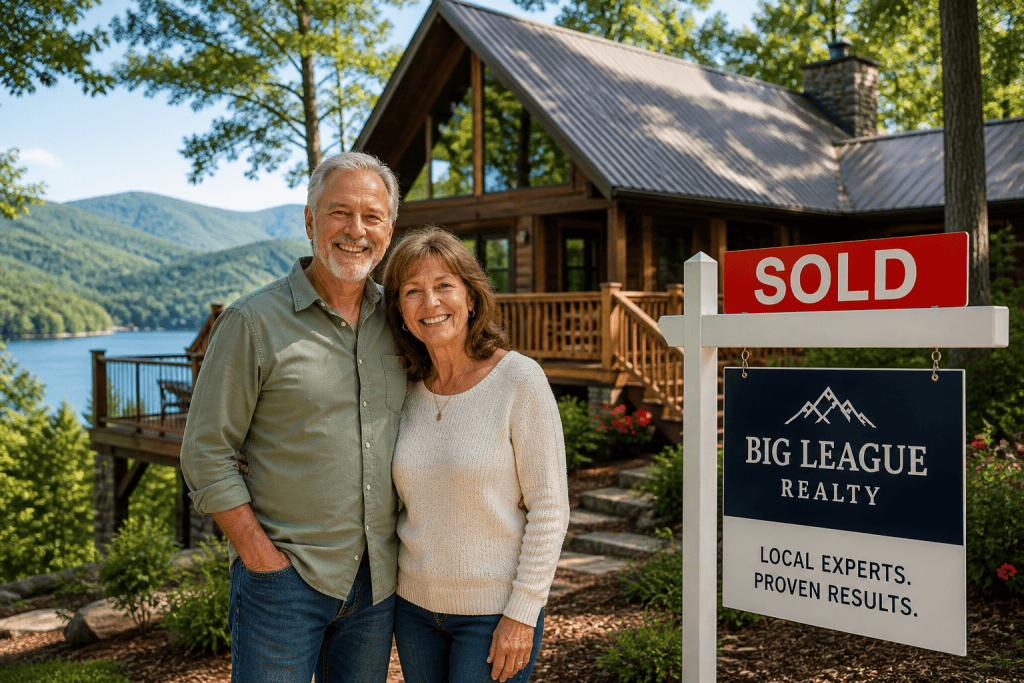 Happy homeowners standing in front of a sold mountain cabin listed by Big League Realty in Hiawassee GA near Lake Chatuge